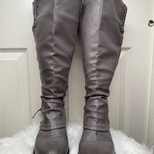 Boots, at/below knee, front smooth, back suede pleather, warm soft inner lining